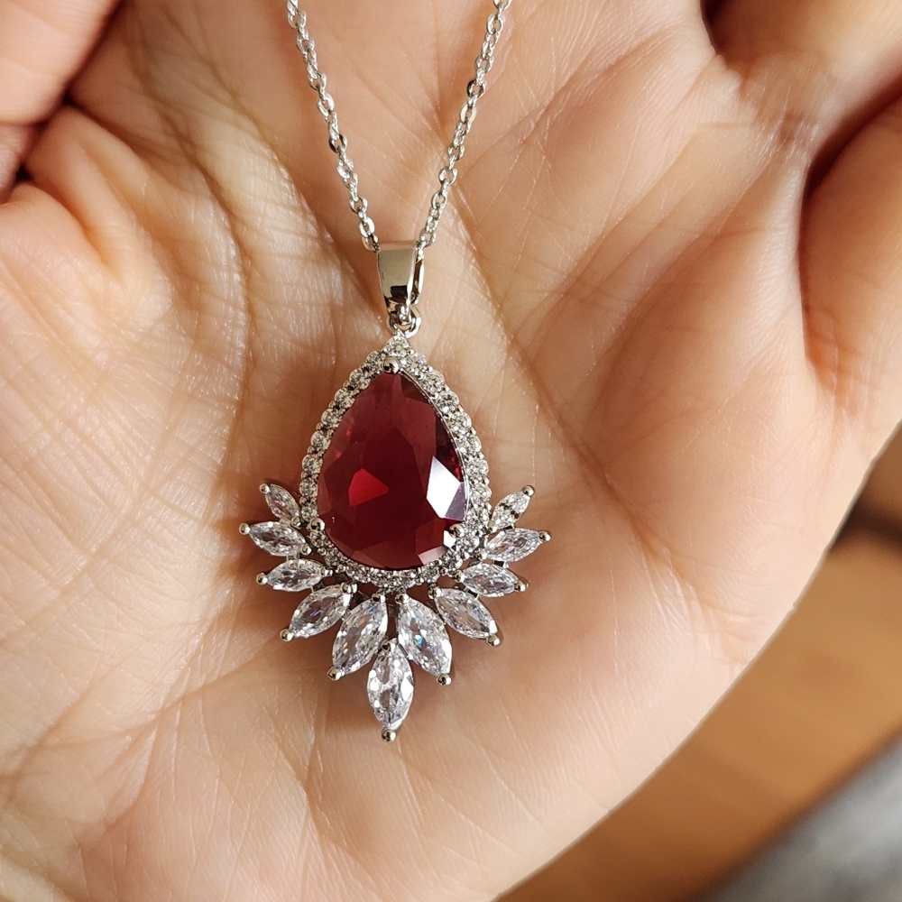 New 925 Silver Pear Cut Ruby  Diamond Necklace for Women Pendant & Chain